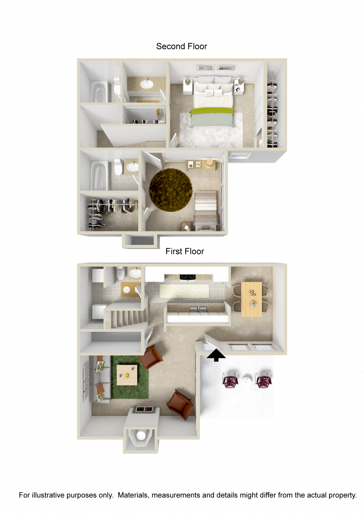 Floor plan for 2 beds, 2.5 baths, 1065 sqft